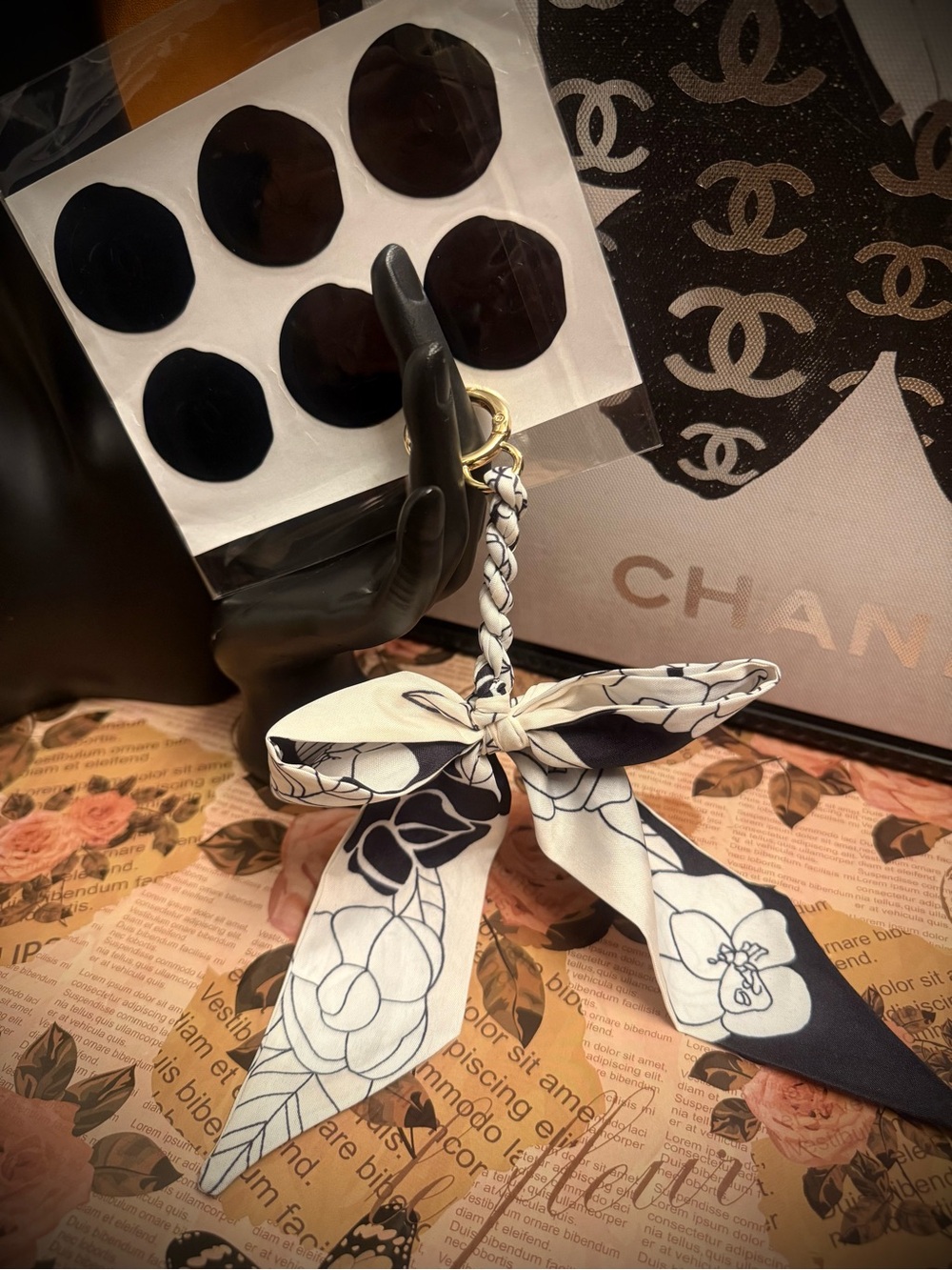 CHANEL Wax Seal Stickers & Floral Bag Charm Scarf Bundle